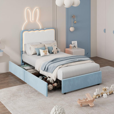 Structure de lit en velours à DEL avec 2 tiroirs de rangement, lit plateforme tapissier avec double tête de lit ondulée pour enfants, aucun sommier tapissier requis