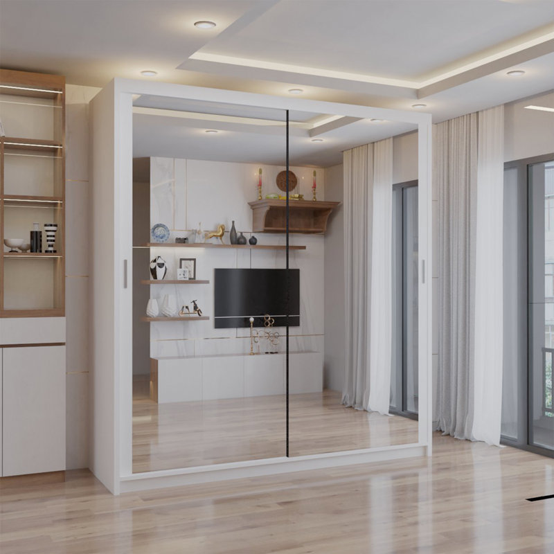 Cairo Sliding Double Mirror Wardrobe 90/100/120/150/180/203cm, White, 217cm H x 120cm W x 62cm D