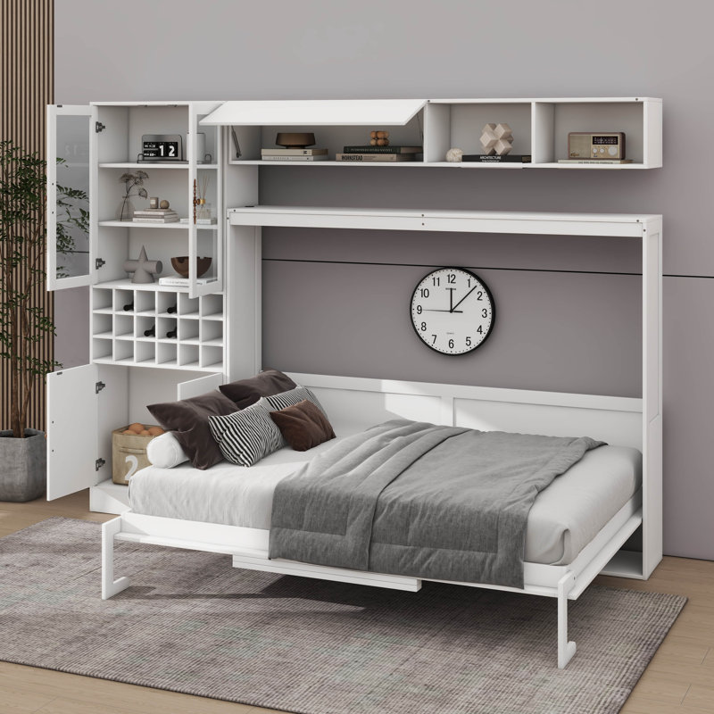 Lit escamotable mural avec canapé encastré, tablettes, ports de chargement USB et éclairage, Double, Blanc