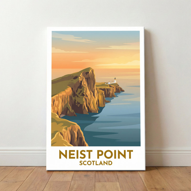 Neist Point, Scotland - Travel Poster Of Rugged Cliffs And Lighthouse, Romantic Highland Sunset. Giclee Print On Wrapped Canvas. Wall Art, Home Decor - Natural Landmarks, Scotland - Wrapped Canvas Print