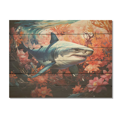 Paysage de rencontre avec un requin citron - corail sous l'eau sous l'eau, art mural sur bois de pin naturel