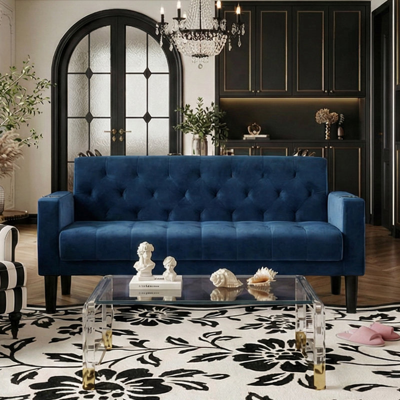 Sofa Seats Modern Style Comfy Small Sofa with Pocket Storage 2 USB 2 Cup Holders Upholstered Couch for Living Room Bedroom Office