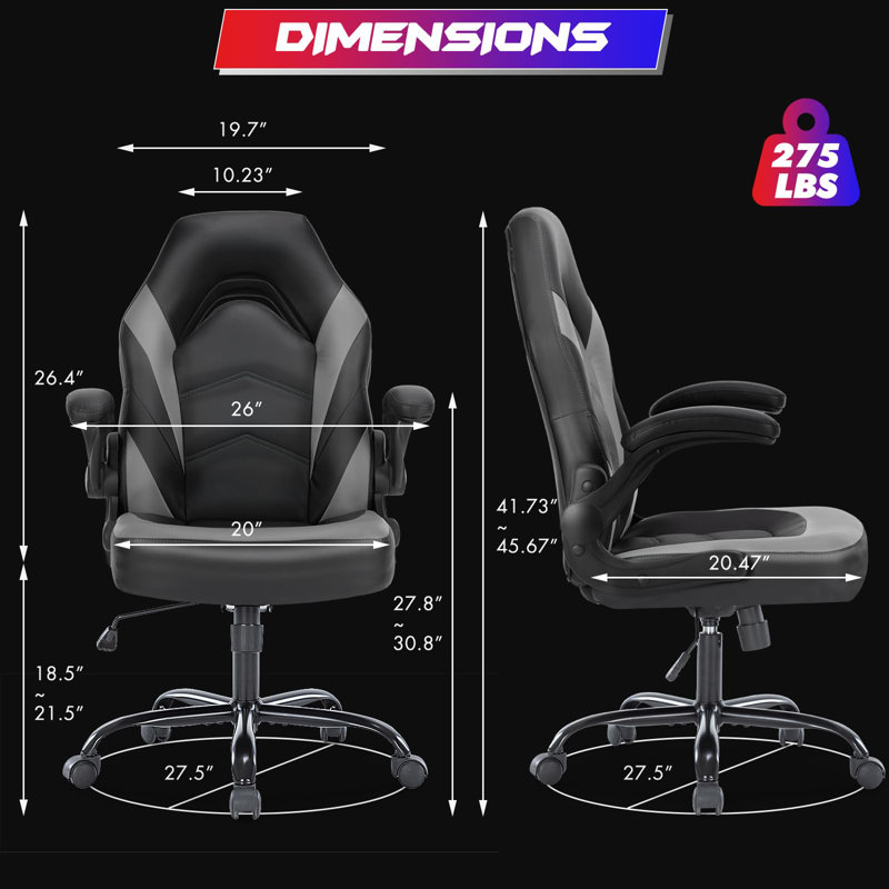 Computer Gaming Desk Chair - Ergonomic PU Leather With Comfy Lumbar Support, Height Adjustable Rolling Desk With Flip-Up Armrests, For Home And Office