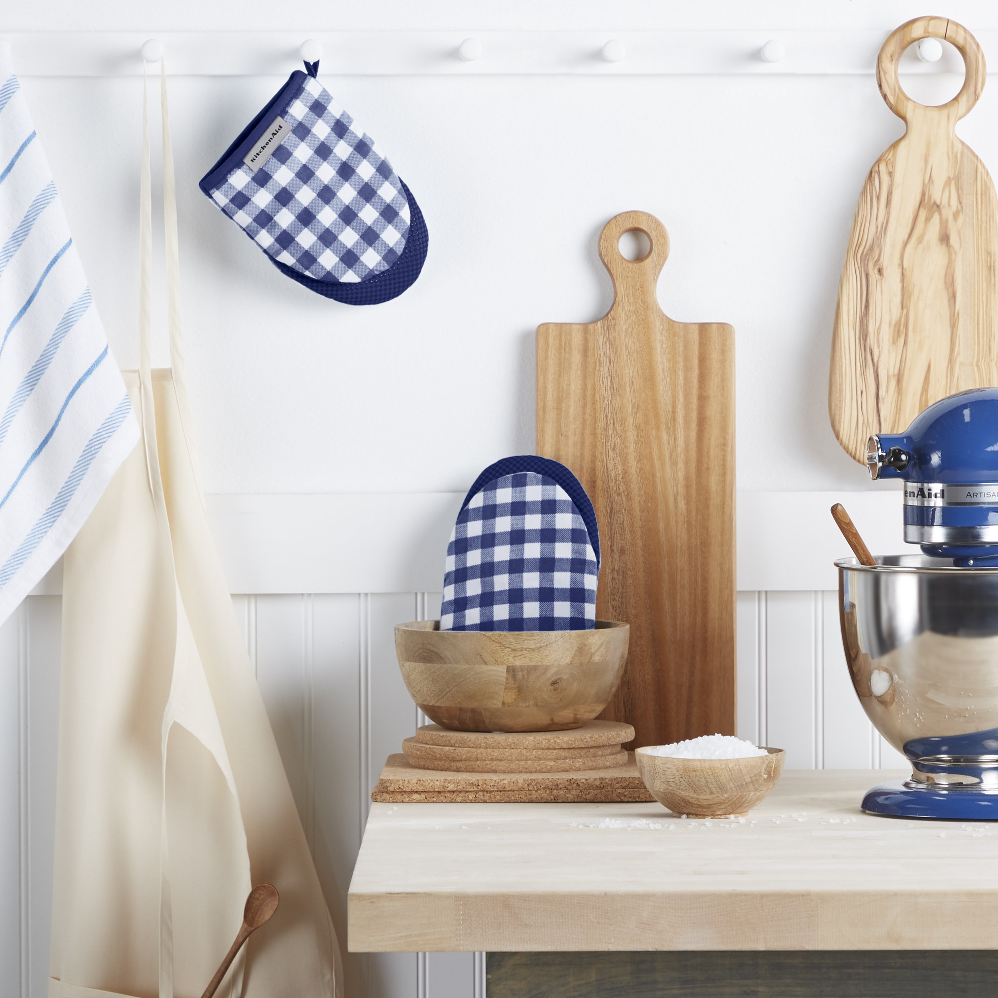 KitchenAid Gingham 2-Piece Oven Mitt, Milkshake, 5.5""W x 8""L