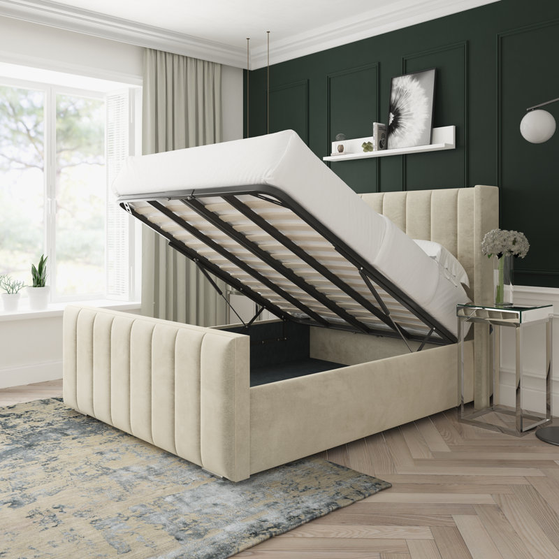 Willow Naples Velvet Upholstered Ottoman Bed Frame, Cream, Double (4'6)
