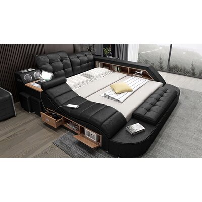 Hariana Tech Smart Ultimate Italian Leather Bed Tufted Solid Wood and Upholstered Low Profile Storage Platform Bed -  Jubilee Modern/contemporary design, M002-Black-King/LAF