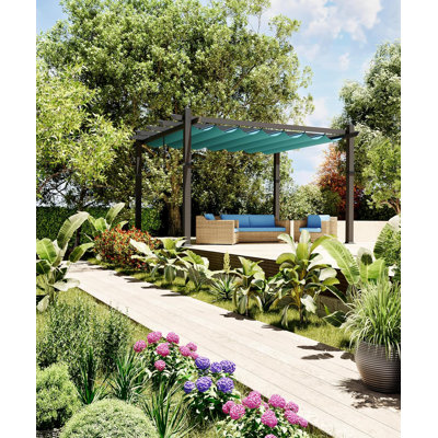 10x13 Retractable Pergola Aluminum Outdoor Pergola with Faux Wood Finish Retractable Canopy for Patio or Deck or Garden or Beach or Pavilion Gray and Blue