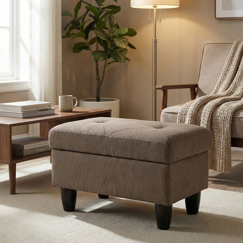 Brown Storage Ottoman | X-stitched Design | Non-pilling Fabric | Solid Wood Frame