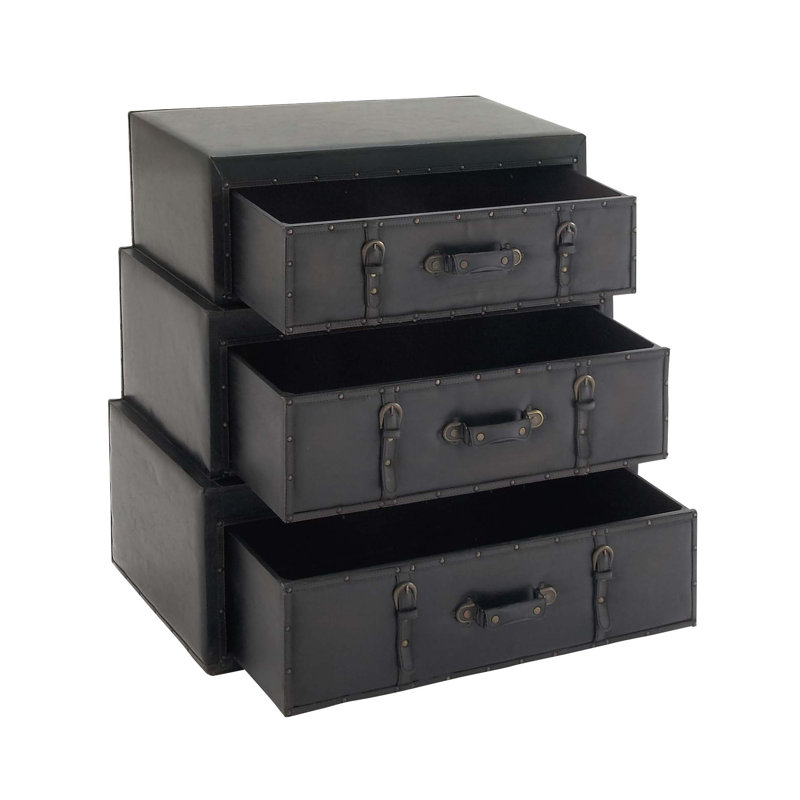 Isabel Wood Vintage Faux Leather Room Chest with Buckles and Straps Detailing, Black