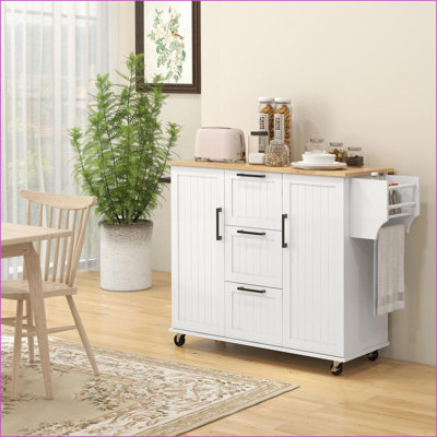 Îlot de cuisine avec abattant, chariot roulant, 3 tiroirs et amp; 2 armoires | Blanc | Bois d'hévéa