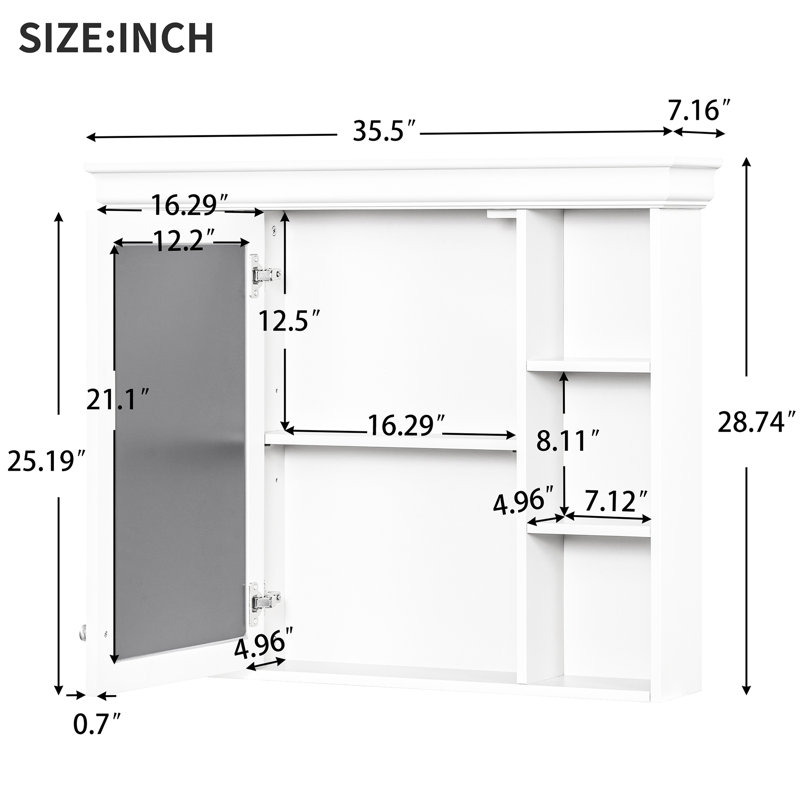Rangement mural de luxe pour salle de bain de 35,51 po x 7,02 po x 29,07 po blanc, polyvalent de haute qualité, tablettes réglables, charnières à fermeture douce, tablette à hauteur, poignée en métal argenté, armoire à miroir moderne,