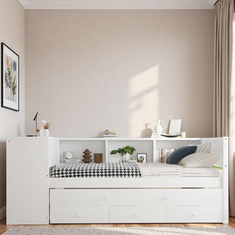 Wood Daybed With Trundle, Storage Drawers, Side Shelves And Desk, Gray, Twin