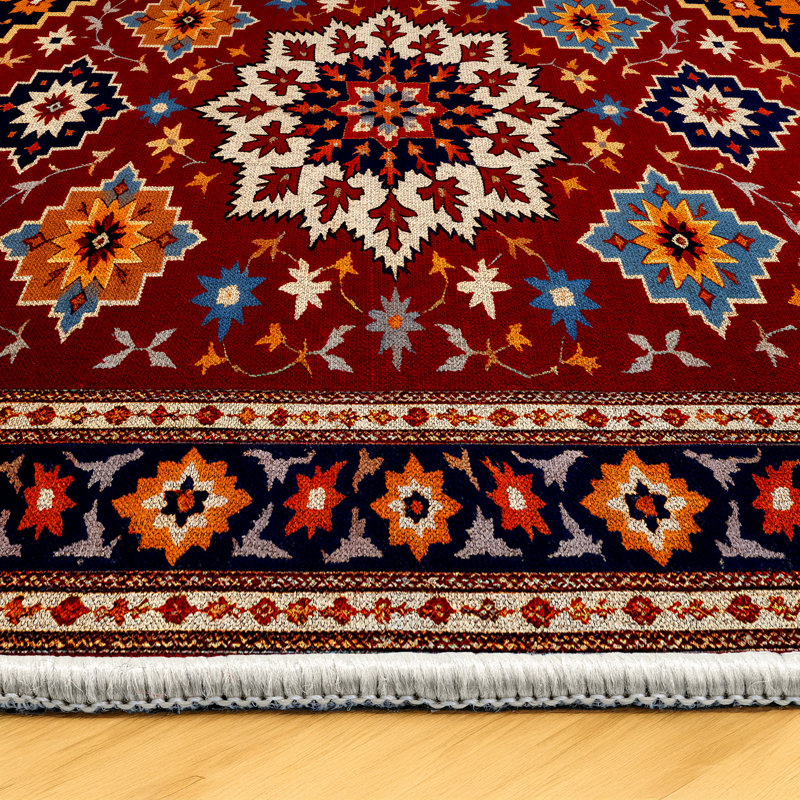 Floral Harmony Collection Digital Print Cotton-Polyester Blend Rug – Red & Floral Pattern, Rectangle 4' x 5'