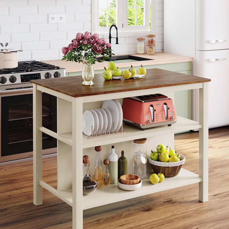 Solid Wood Rustic 45" Stationary Kitchen Island, Rubber Wood Butcher Block Dining Table Prep Table with 2 Open Shelves for Small Places,Walnut+Cream White