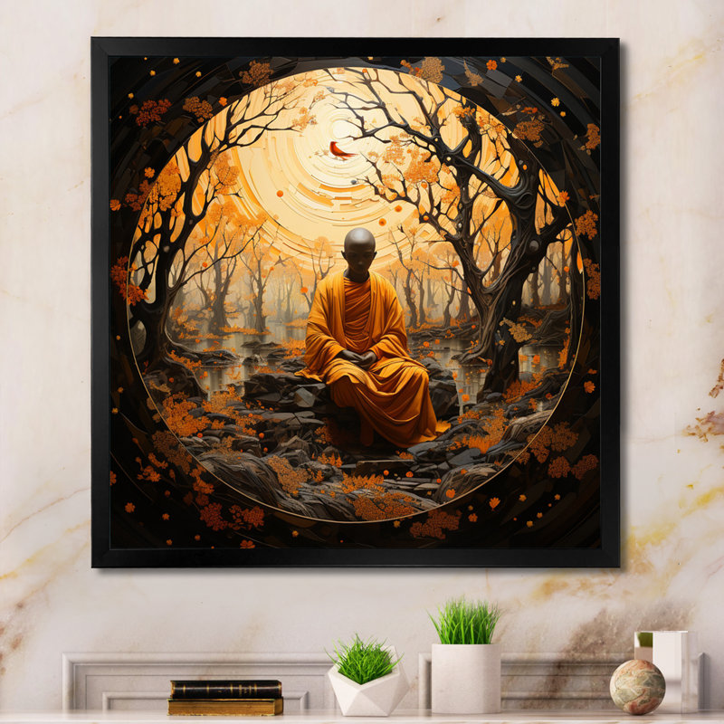 " Minimalism Orange Buddhism Guru III ", Black Single Picture Framed, 16" H x 16" W x 1" D