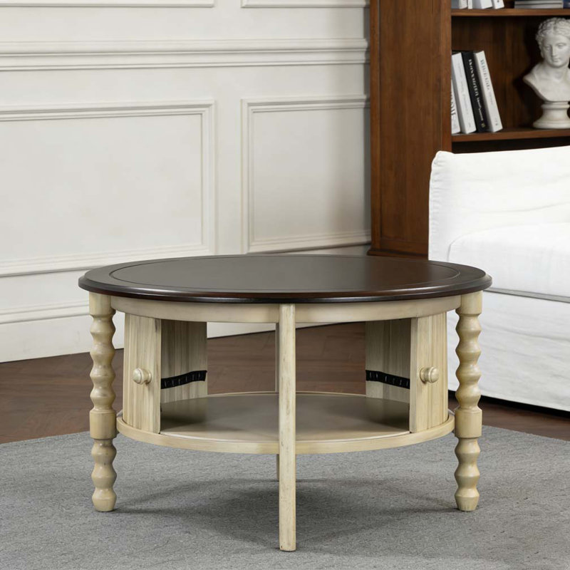 Round Coffee Table with Storage, Beige,Espresso