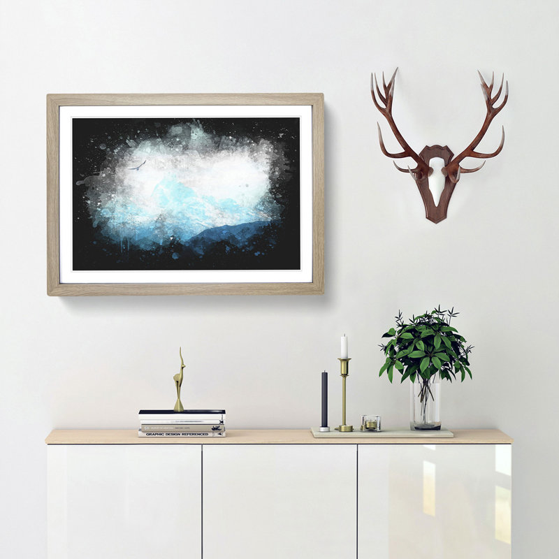 Eagle Flying By Mountain In Nepal Paint Splash - Framed Print, 24cm H x 33cm W x 2cm D, Oak Framed