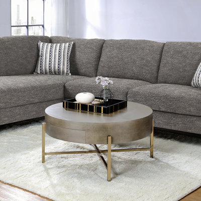 Table basse Drum avec plateau en bois, tiroir et base en X en métal