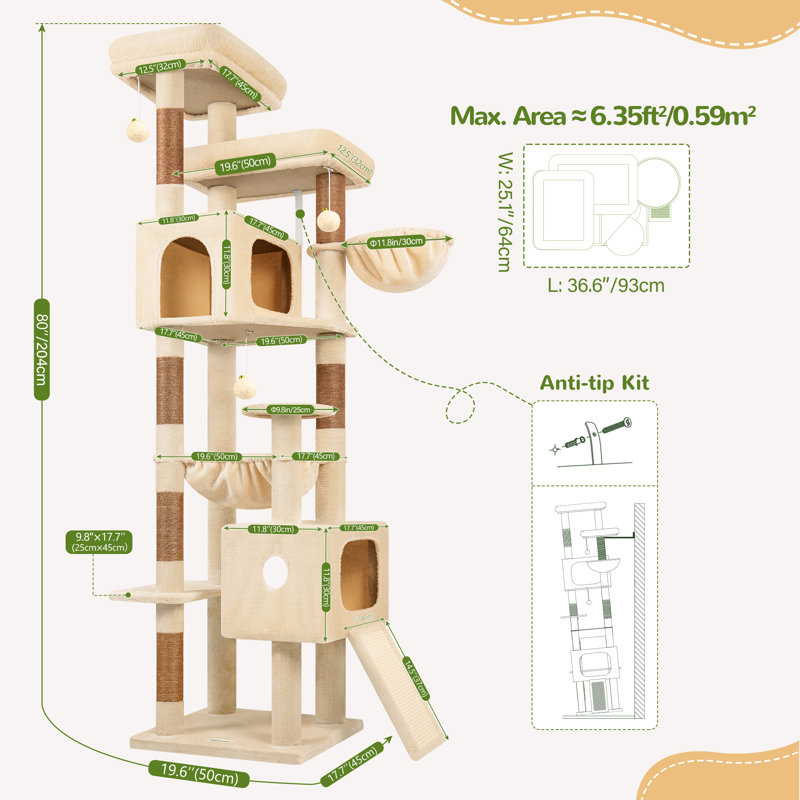 Arbre à chat 80 po pour grands chats, tour à chat multi-niveaux pour 4 chats et plus avec 2 condos et hamacs, aire de jeu en velours doux, arbre à chat d'angle peu encombrant, facile à assembler