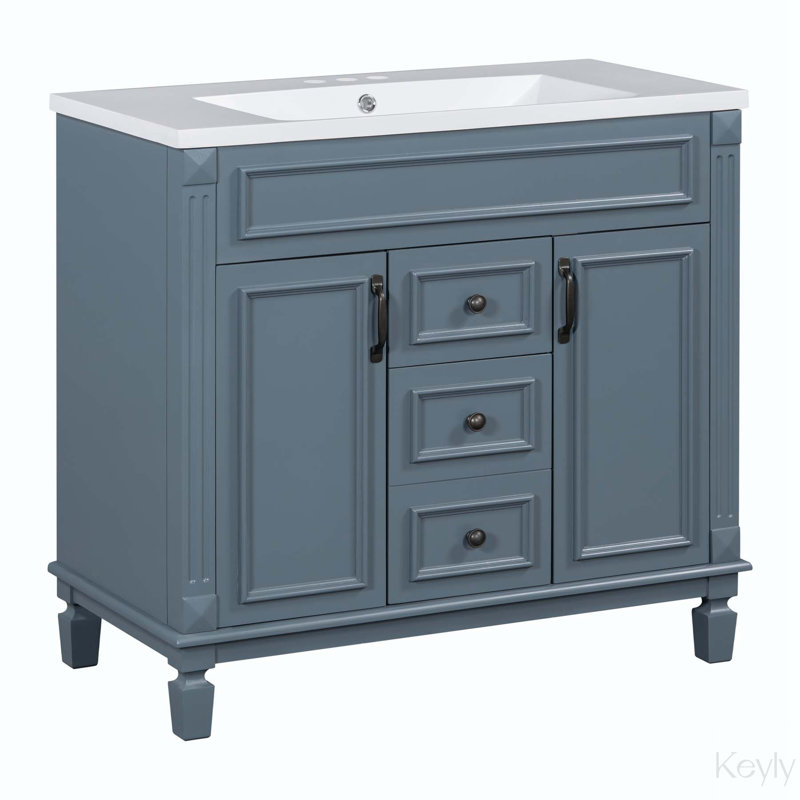 Leorn 35.1'' Single Bathroom Vanity with Resin Top with Mirror, Blue