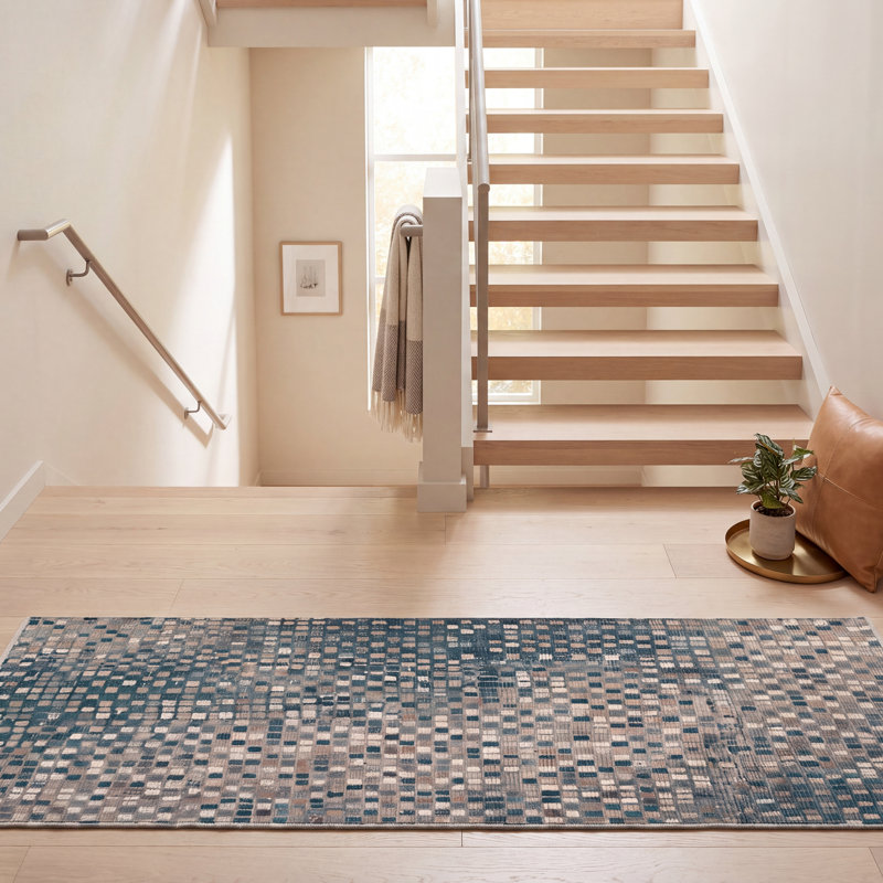 Tapis moderne moucheté à motif mosaïque abstrait, de couleur étain, turquoise, beige, gris, brun et blanc. Lavable à la machine, antidérapant, à poils courts, pour l'intérieur et l'extérieur, adapté aux animaux domestiques. Convient au salon, à la chambre à coucher, à la salle à manger, à l'entrée, au corridor ou au bureau.