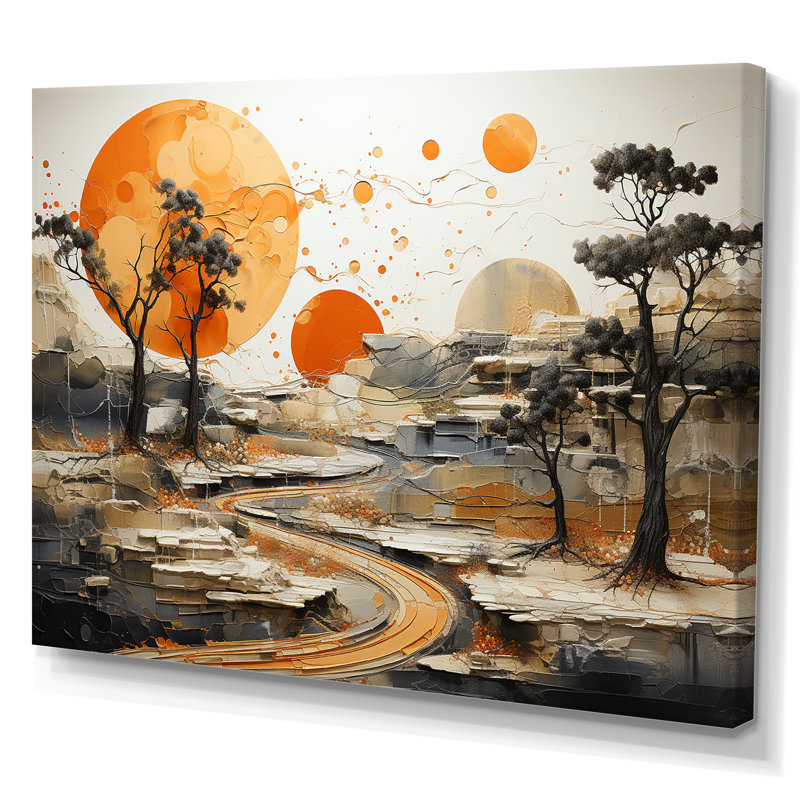 Orange Sunset Abstract Landscape Stream II - Art abstrait paysage mural, Toile tendue, H 12 po x l 20 po x P 1 po