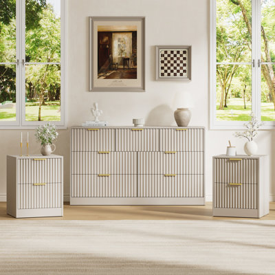 3PCS Dresser And Nightstand Sets For Bedroom, 55" Wide Fluted 7 Drawer Dresser & Nightstand Set Of 2