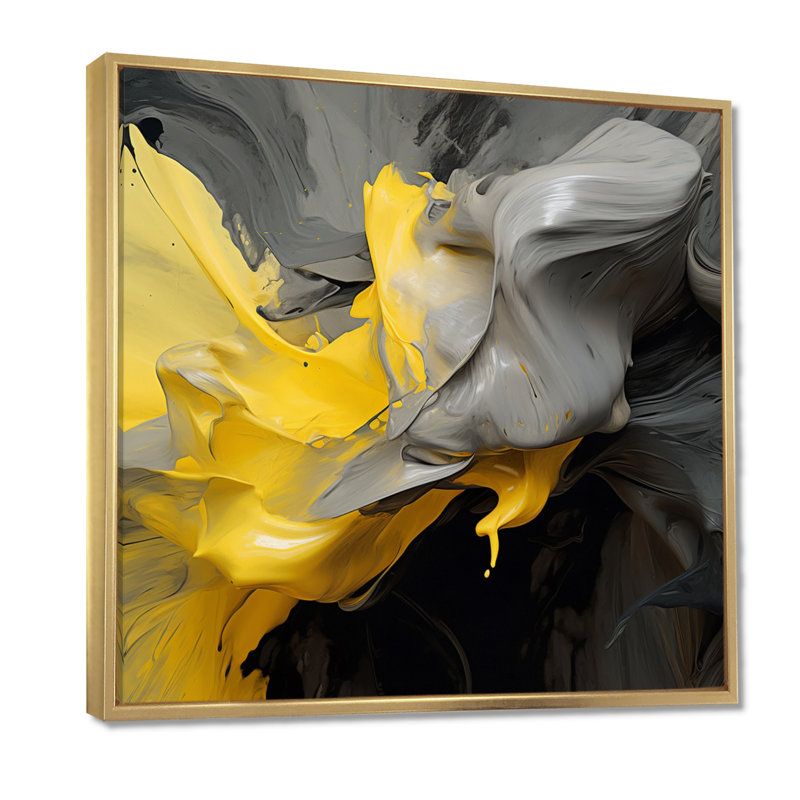 Raw Reflections Yellow Grey - art mural abstrait, Cadre flottant doré, H 36 po x l 36 po x P 1,5 po