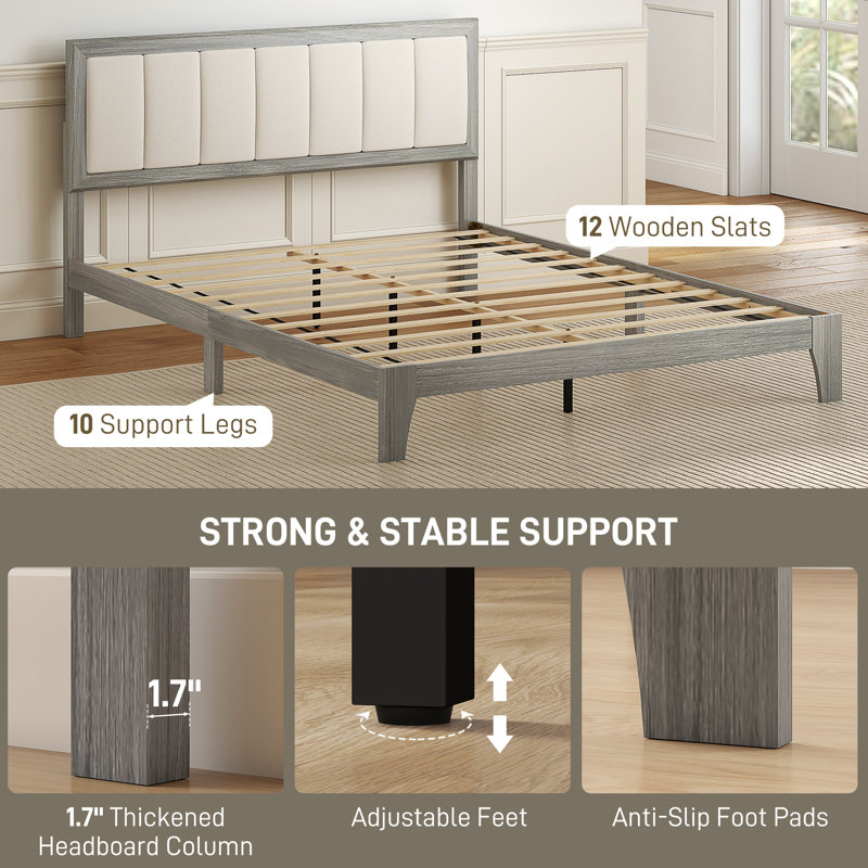 Queen Size Bed Frame with Upholstered Headboard, Platform Bed Frame with Wooden Slats, No Box Spring Needed, Easy Assembly, Gray