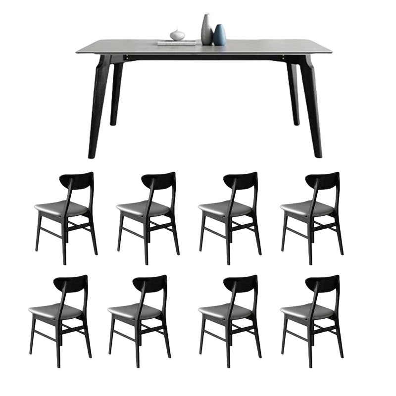 White Ash Sintered Stone Table Chairs Set Elegant, 29.52"H x 70.86"L x 35.43"W, 9 Pieces: Table, 8 Chairs