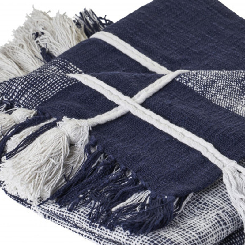 Blue And White Woven Cotton Checkered Throw Blanket