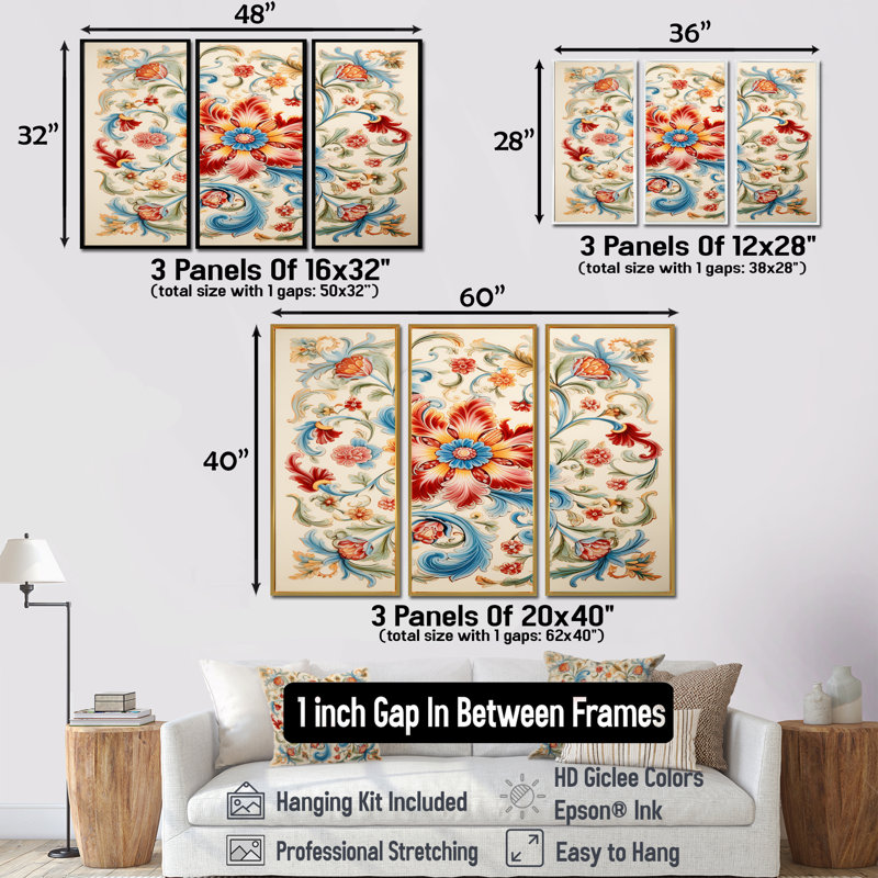 Floral Mosaic Tiles Ornamental I - Abstract Tile Wall Art Living Room Set, Silver Floater Framed, 32" H x 48" W x 1" D