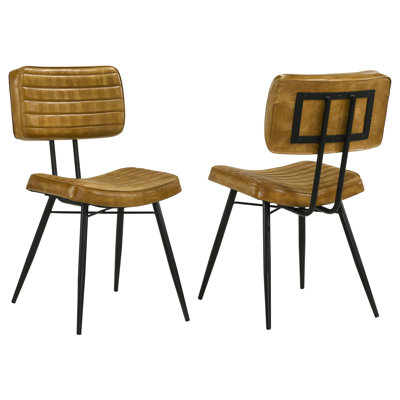 Lambright Genuine Goat Leather Dining Side Chair with Channel Tufting and Black Metal Legs, Camel