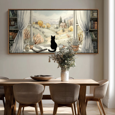 «Cozy Window View with Cat, Book and Countryside Landscape», art mural encadré