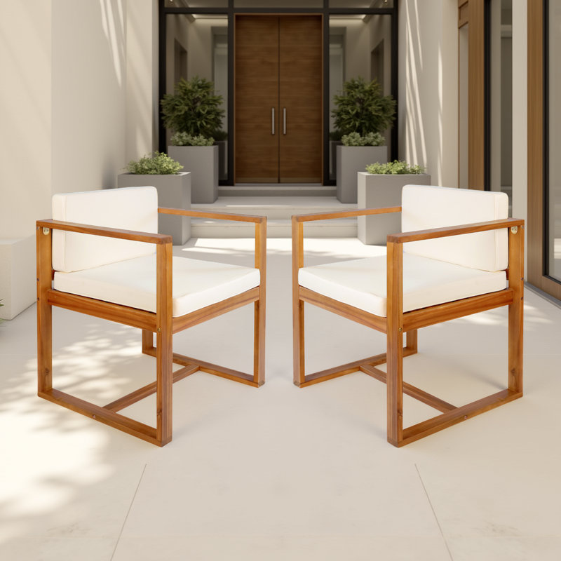 Ensemble de 2 chaises de patio d'extérieur en bois d'acacia avec siège et dossier en osier PE, Beige