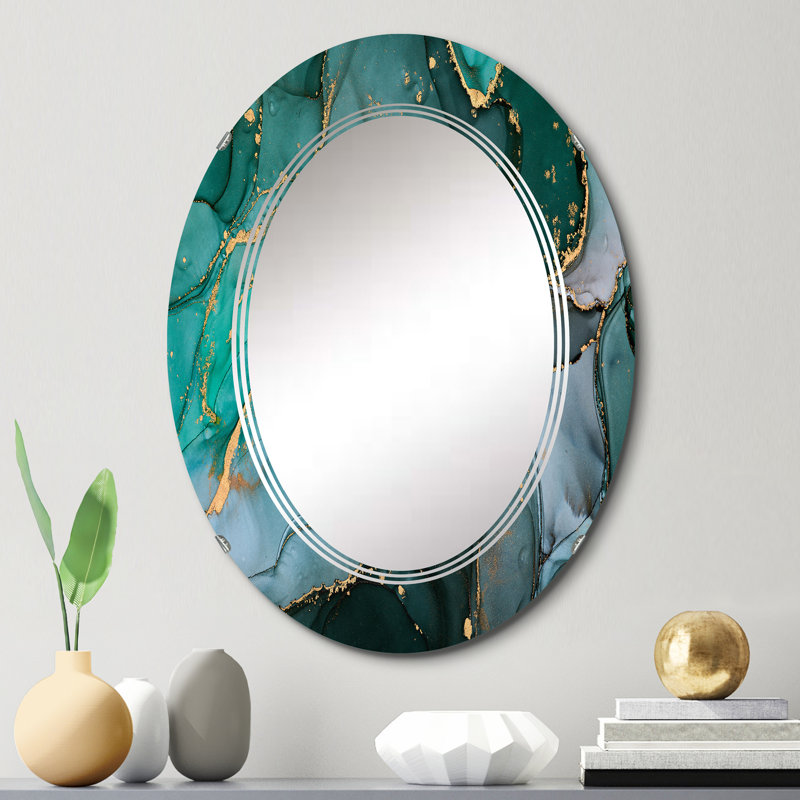 Turquoise et gris luxueux abstrait Art fluide II - miroir mural moderne, 30 po x 20 po