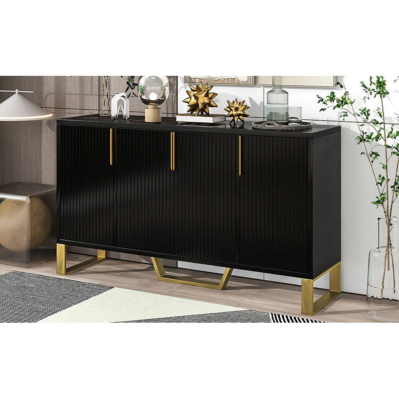 Modern Sideboard With Four Doors, Metal Handles & Legs And Adjustable Shelves Kitchen Cabinet, Black