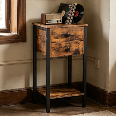 Grande table de chevet avec 2 tiroirs et tablette de rangement, table de bout industrielle pour le salon, la chambre à coucher et les petits espaces, table d'appoint étroite avec pieds réglables, brun rustique et noir