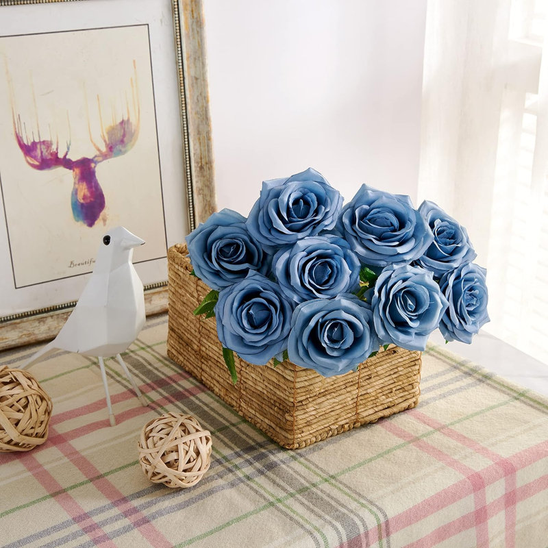 Rose artificiel 10 pièces Bouquet de fleurs ouvertes Faux roses pour arrangement de mariage, Bleu