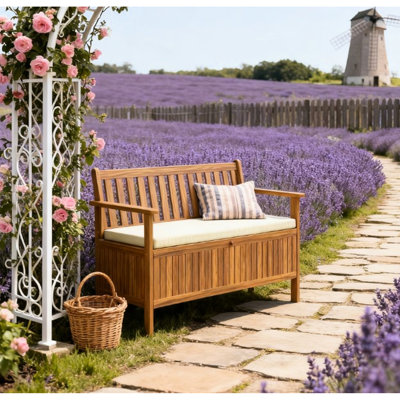 Garden Bench With Hidden Storage Compartment And Removable Cushion - A Comfortable Outdoor Bench, Or Cream White Patio Seating Experience Wood Design, Seat Included