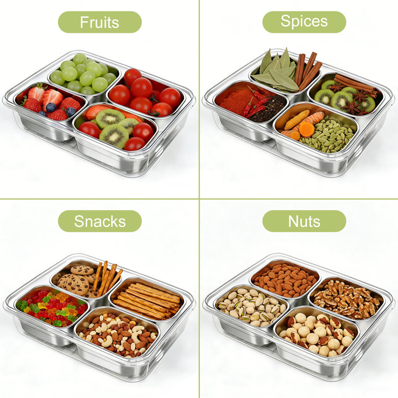 Contenant alimentaire 4 compartiments en acier inoxydable 304 avec couvercle