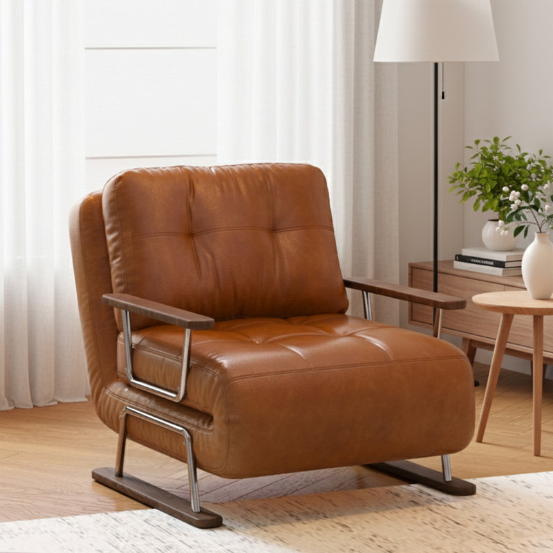 Caramel Faux-leather 4-in-1 Convertible Chair / Chaise / Sofa Bed – Foldable Space-saving Sleeper