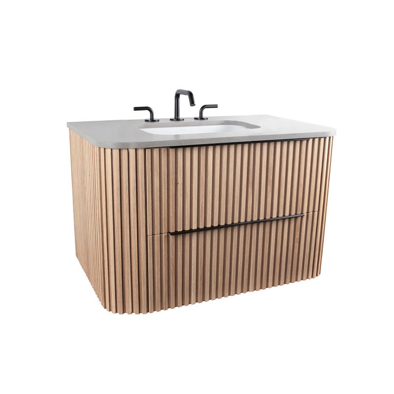 Flutti 36" Vanity, Matte Black, White Oak, Solid Surface Matte White/3 Faucet Holes