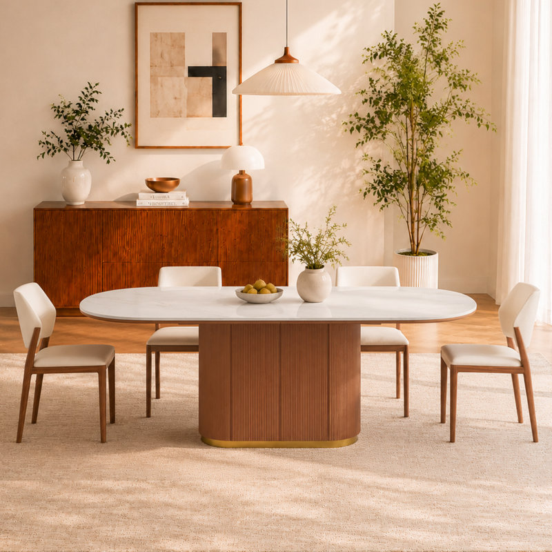 Table de salle à manger 86,61 po ovale en pierre frittée avec base de rangement, finition noyer moderne avec accent doré, parfaite pour les repas et les rassemblements à domicile