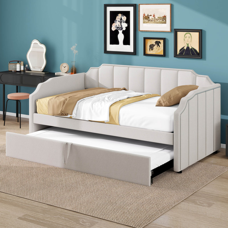 Twin Size Upholstered Daybed With Pull-Out Trundle Bed & Integrated USB Charging Stations, Beige
