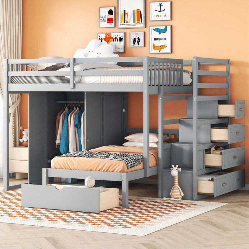 Lit superposé double au-dessus de simple avec garde-robe et tiroirs, Gris