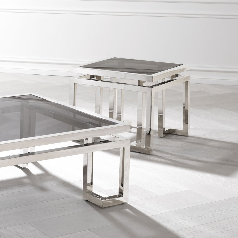 Palmer Glass End Table, Smoke/Polished Stainless Steel