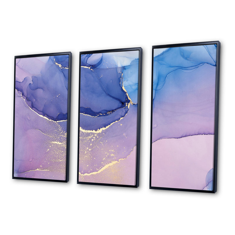 «Pink and Blue Ink Clouds III», reproduction de cadre flottant sur toile 3 pièces, Cadre noir, H 20 po x l 36 po x P 1 po