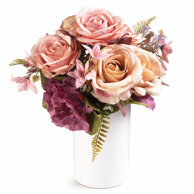 Agencement de roses et d’hortensias à motif floral en vase, Rose/mauve