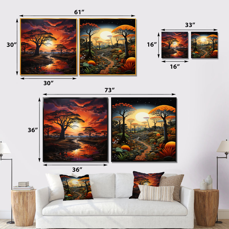 Coucher de soleil et paysage de baobabs - ensemble de 2 arbres carrés, Cadre flottant blanc, H 16 po x l 33 po